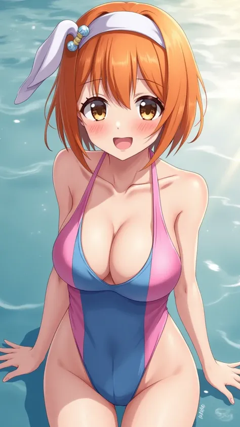  dress、 orange hair、Short hair with a narrowed neckline 、 blue and pink disgusting slingshot swimsuit、 grow a swans head and neck in place of a dick、Okama makeup 、 ladyboy、Shemale、Women、anime、Big cock、Highest Exposure 、white headband with bonbons on both s...