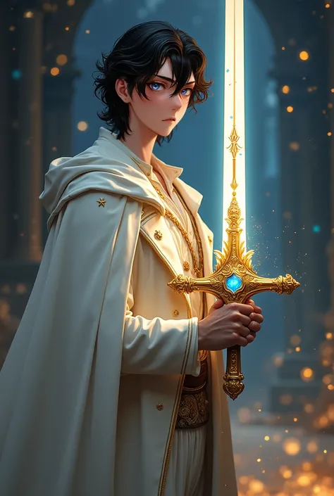  A young man with an imposing presence ,  with dark hair like night ,  slightly wavy and with a natural charm even in its apparent disorder .  His amber-colored eyes shine brightly ,  like golden flames shining in the darkness ,  transmitting both serenity...