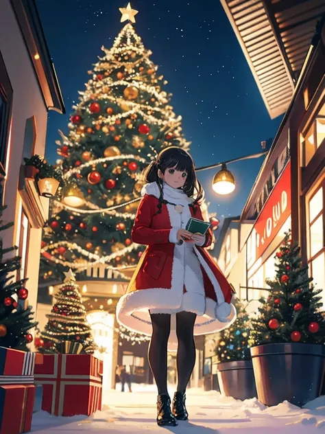 ( better quality ,4k,8K,highres, masterpiece :1.2), full coat,realistic,gifts,board, Christmas tree,decorations , container  ,arches,Love,Presents, Christmas spirit , vibrant colors, warm lighting ,cozy atmosphere,toys,cards,candles,snowflakes,happy,celebr...