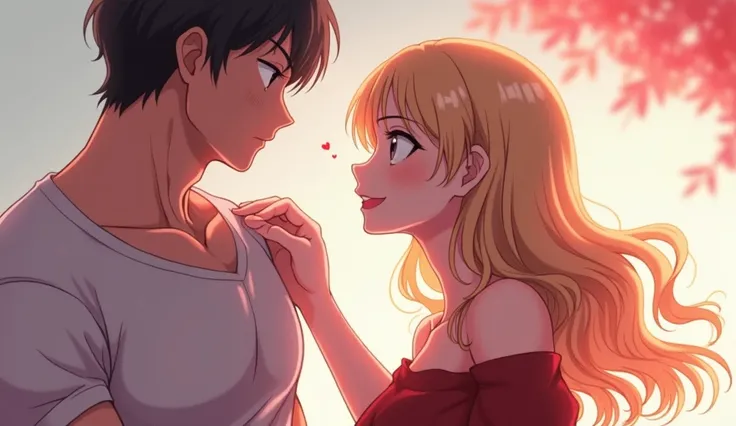 "An anime-style illustration featuring a muscular male figure with a confident and dominant pose, his arm extended to hold the hair of a playful and smiling anime-style female character. The female character looks flirtatious and intrigued, with glowing, w...