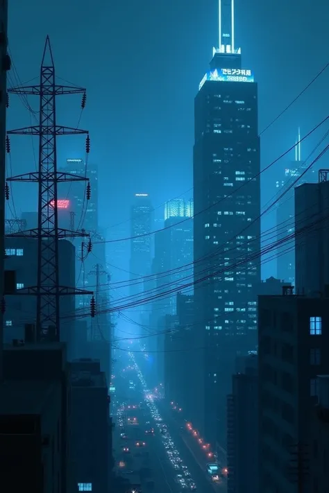 A city skyline at night, with power lines and buildings emitting a soft, blue glow, symbolizing the omnipresence of electromagnetic fields in modern life. Create a sense of both beauty and caution.