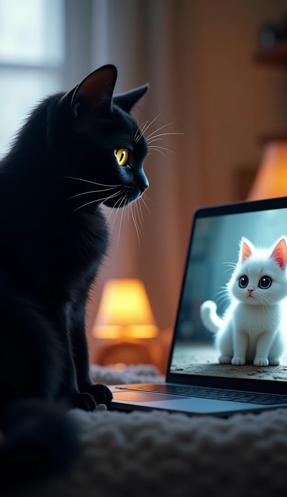 A black cat is sitting and looking at a laptop screen, where a cute white cat is looking at it