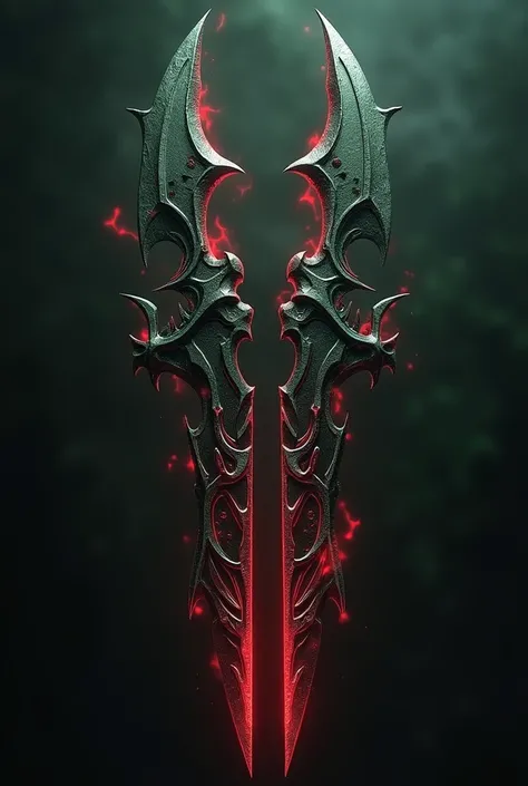 Create a weapon ,  the weapon has a double blade .  The weapon emits a dark aura and is riddled with blood-red veins. The metal of the blade is dark green .