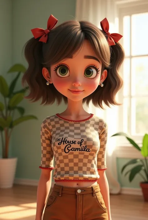 Beautiful adult girl , Pixar style .  She must have dark green eyes and a smart look . The hair is light brown, tending to dark blonde..  In her hair she has two bows on the sides of her head . She must wear a checkered top with  "House of Camilla". The ba...