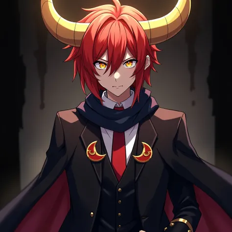 anime,chico,young,man,yellow eyes With concentric circles ,golden horns, long intense red hair , fingerless fighting gloves with a red crescent in the middle,black tuxedo,red tie,dark blue scarf,