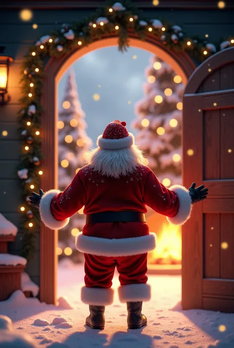 Santa Claus, IN A CHRISTMAS ATMOSPHERE OPENING A DOOR AND INVITING PEOPLE TO COME