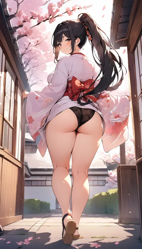 One Woman, beautiful girl, after school, evening, kimono, kimono ((transparent)), ponytail, Straw sandals, School, Back of the school building, spring, Cherry tree々, Cherry blossom petals fluttering, Long Hair, Highest quality, Ultra HD, Thick thighs, Big ...