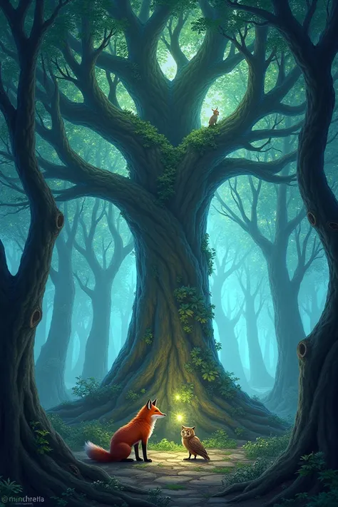 A majestic grove filled with glowing, silver trees. In the center, a colossal tree stands tall, its roots winding into the earth. A fox stands at its base, listening to the whispers in the air, with an owl perched nearby.