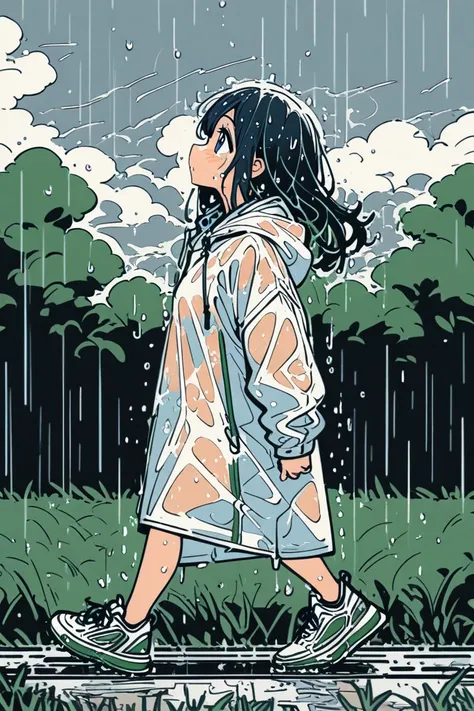 1girl,looking up,rain, heavy rain, wet clothes,sketch,draw,bold line art,line art, walking,sneaker,from side,grass fields,tree,cloud,sky,(best quality,ultra detailed)