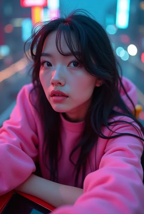 high angle photo of a gorgeous young woman in the style of cyberpunk, realistic skin texture, looks up,pink sweatshirt,posing on a car, 1 / 2 body crop, 8 5 mm art lens, f 1. 2, sharp focus, 8 k high definition, insanely detailed, intricate, elegant, art b...