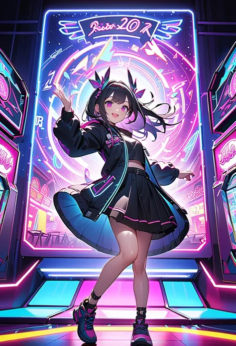 (Masterpiece, BestQuality:1.2),octane,cute girl enjoying a game of "Dance Dance Revolution" at an arcade. She is mid-dance, showing an energetic and joyful expression. The arcade is brightly lit with colorful neon lights and a lively atmosphere. The game m...