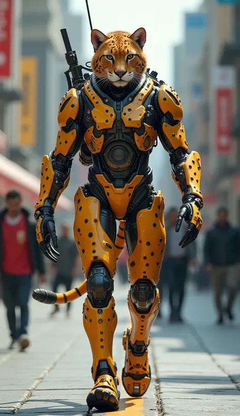  Cybernetic Robotic human +  Hybrid armored vehicle like a cheetah With its realistic fur color ,Stand and walk while holding a sophisticated weapon , background of the city in daylight. 