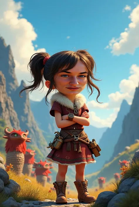 crée un personnage de dessin animé dans le monde de "How to Train Your Dragon". qui ressemble a la fille 