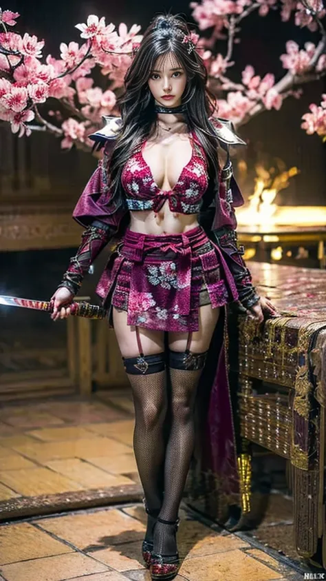  Sexy female character dressed as a warrior from the Sengoku period 、((toned body))、 toned body、 a sexy female character dressed as a warrior from the Sengoku period 、 The sakura-colored armor with a cherry blossom pattern engraved on it is a bikini type a...