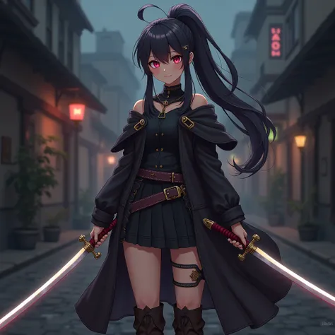 Anime Cowboy Feminino de Cabelos perfeitos no Velho Oeste, dark background, long hair, side bang, high ponytail, belts, gold forniture,  ultra detailed face, dark pink eyes, walking at night city ,hood, dual katanas, coat, shining  plate katanas , each han...