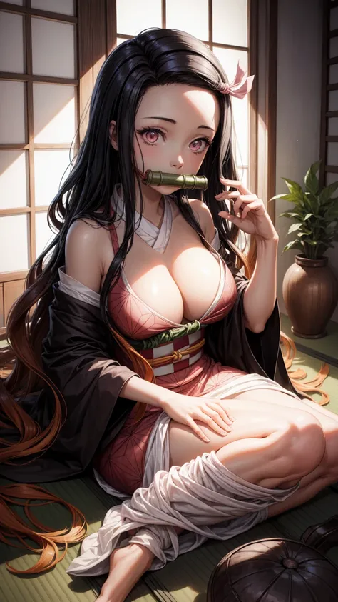 Full body, realistic Photography, busty, beautiful Japanese sexy girl, big breast , Cosplay Nezuko from Demon Slayer Kimetsu no Yaiba dressed in a open traditional Japanese-inspired outfit with a pink and black patterned kimono and long flowing hair, trans...