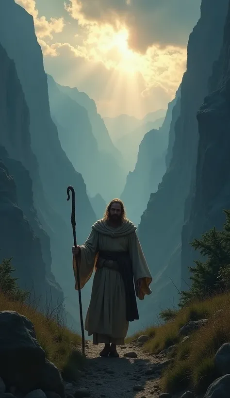 A deep, shadowy valley surrounded by dark mountains. The shepherd walks confidently, with a courageous expression, holding his staff firmly. A soft celestial light shines above him, symbolizing divine protection