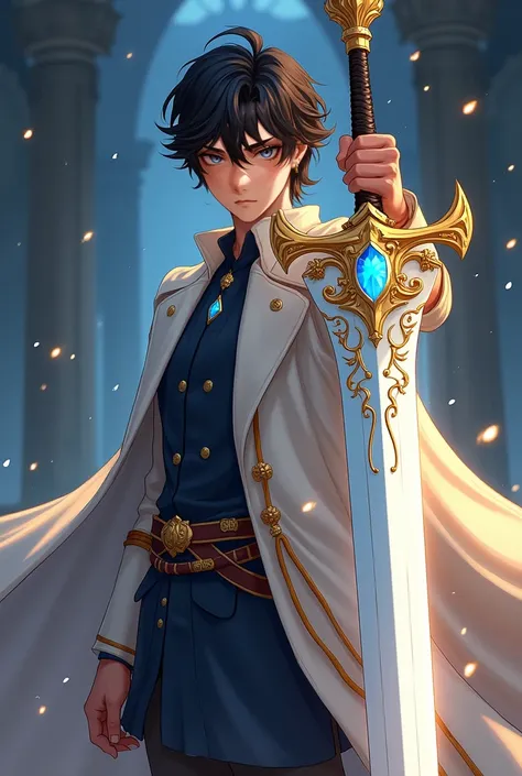  A young man with an imposing presence ,  with dark hair like night ,  slightly wavy and with a natural charm even in its apparent disorder .  His amber-colored eyes shine brightly ,  like golden flames shining in the darkness ,  transmitting both serenity...