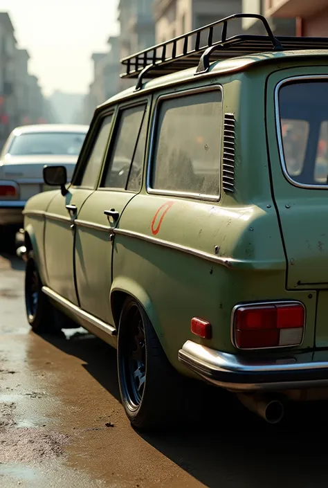 Sideview Army green Peugeot 504 wagon tinted on black stock rims on a busy Lagos street 