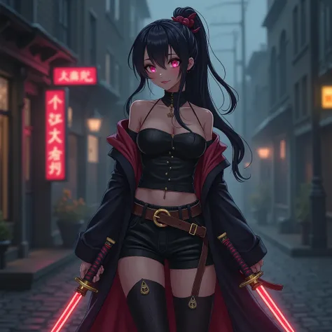 Anime Cowboy Feminino de Cabelos perfeitos no Velho Oeste, dark background, long hair, side bang, high ponytail, belts, gold forniture,  ultra detailed face, dark pink eyes, walking at night city ,hood, dual katanas, coat, shining  plate katanas , each han...