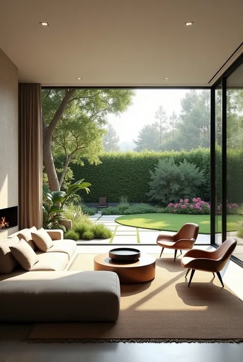 Show me a modern livingroom with view to the backyard 