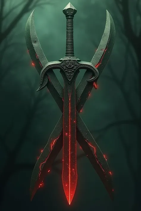 Create a weapon , two bladed Sword.  The weapon emits a dark aura and is crossed by blood-red veins. The metal of the blade is dark green .