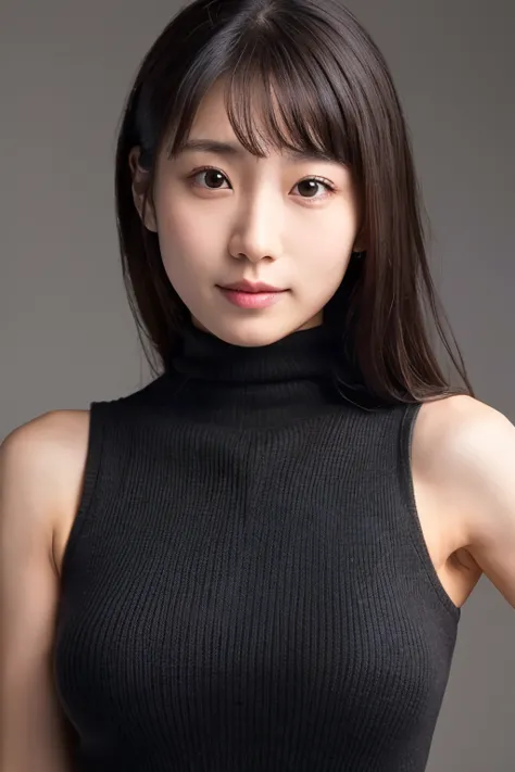 (masterpiece, best quality, perfect anatomy, highres, 8k, realistic, photorealistic, natural skin texture:1.2), 1girl, solo. Japanese, age20, (very cute:1.2), tanukigao. large breasts, (thin black sleeveless long length turtle neck knit), (Put her hands be...