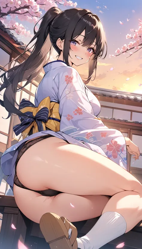 One Woman, beautiful girl, after school, evening, kimono, kimono ((transparent)), ponytail, High Straw sandals, School, Back of the school building, spring, Cherry tree々, Cherry blossom petals fluttering, Long Hair, Highest quality, Ultra HD, sexy thighs, ...