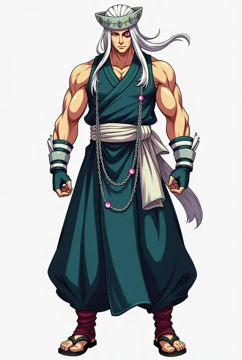 Tengen is a very tall, broad-shouldered, and muscular man with lightly-tanned skin and white hair. His hair is of an uneven length, the longest strands reaching his shoulders, and is styled with three more notable, shorter clumps arching up to fall as bang...