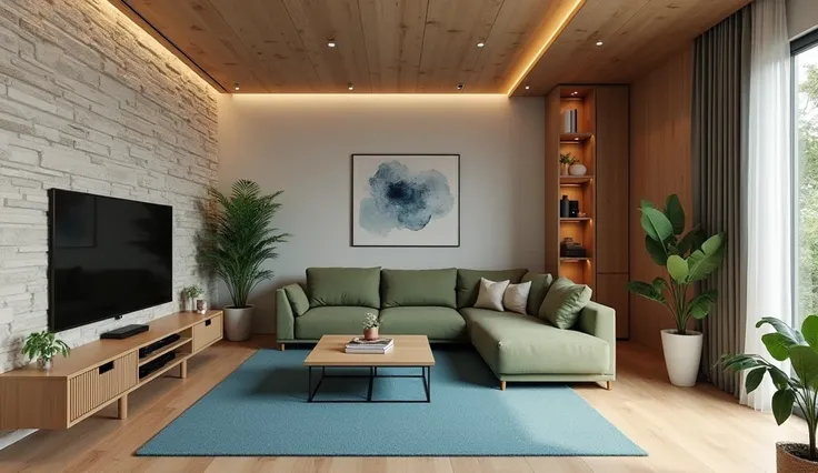 the living room,  integrated with the dining room that will not appear in the , There will be 12m² ,  the wall The left will be made of natural stones ,  fixed to the wall there will be a television ,  scene with a light wood rack with slats and satin fini...