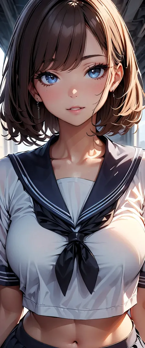 (  best quality , 4K,   Masterpiece  :1.3),  beautiful woman,  1 girl, (Chest,   with attractive body :1.2),  cowboy shooting, ＪＫ:1.1,   lots of dark brown hair: 1.1,  sailor suit ,   Highly Detailed Faces , Lip details,  beautiful eyes,  double eyelids