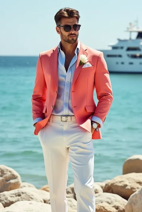 Mens maritime label suit clothing with coral color,White and light blue that they are newts 