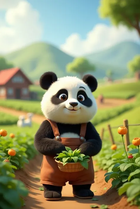 Farmer cute big panda in animation disney pixar style 