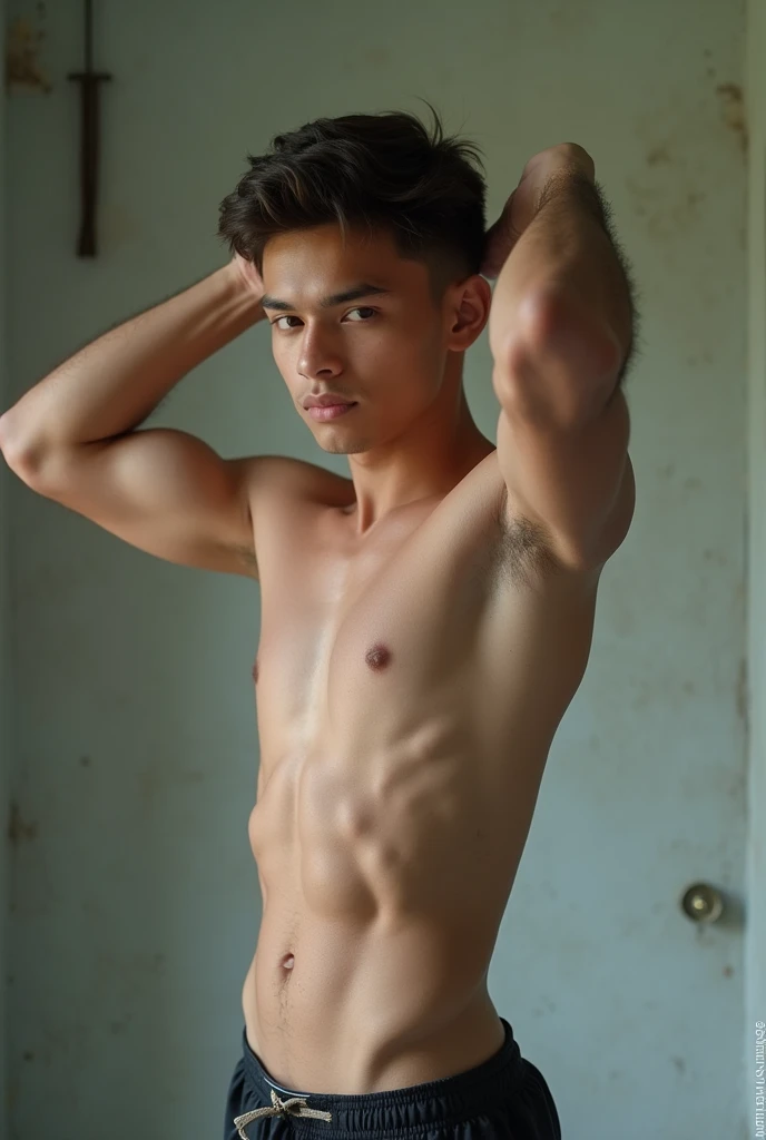  1thai teen, Very handsome if , Age 15, White skin,  show the zigpak , Thin body, bare,  seen in full,  wearing black sandals, Theres a lot of belly hair., Sweaty,  4K, Exercising, Fitness, Raising arms up ,  with a lot of underarm hair , thai teen , Very ...