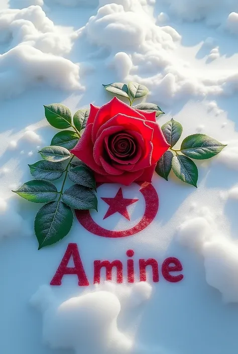 The image shows a red rose with frosty leaves and a Algeria flag painted on the snow beneath it, with the name "Amine " written above it in black.