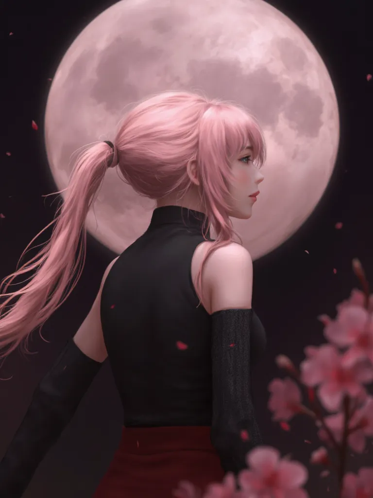 digital painting featuring a female character with pink hair standing in profile against a large, glowing full moon. the charact...