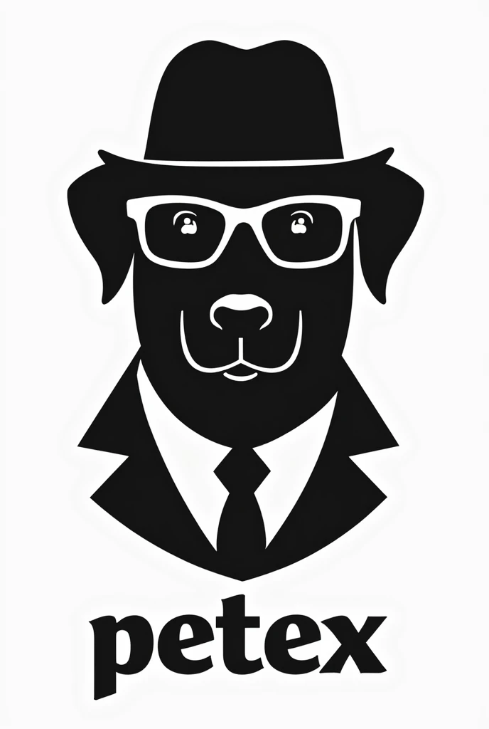 A logo of a dog wearing a hat, glasses and tie in a black silhouette , Only the top of the dog with the bottom has the word PETEX 