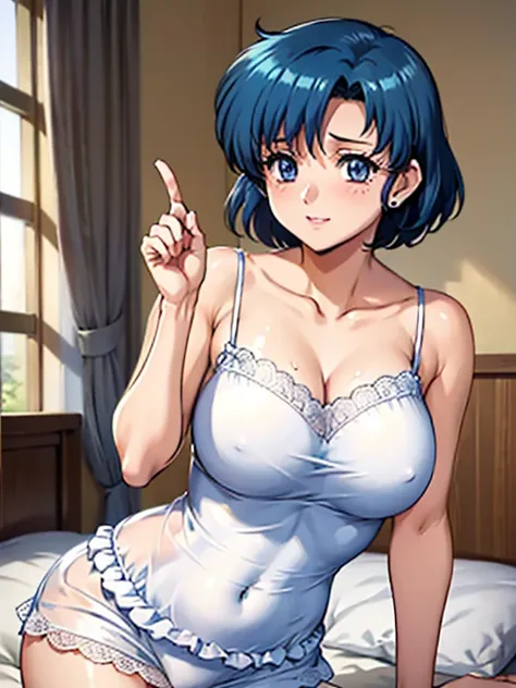 ( anime style)、whole body、Mer1、 light blue hair、 short hair、break、20 years old、(woman１people)、(beautiful、Big Breasts:1.2)、(Facial beauty:1.5)、 perfect lighting、 pubic skin、( anatomically correct hand)、Perfect hands、Perfect Arms、 perfect finger、５Finger、(mas...