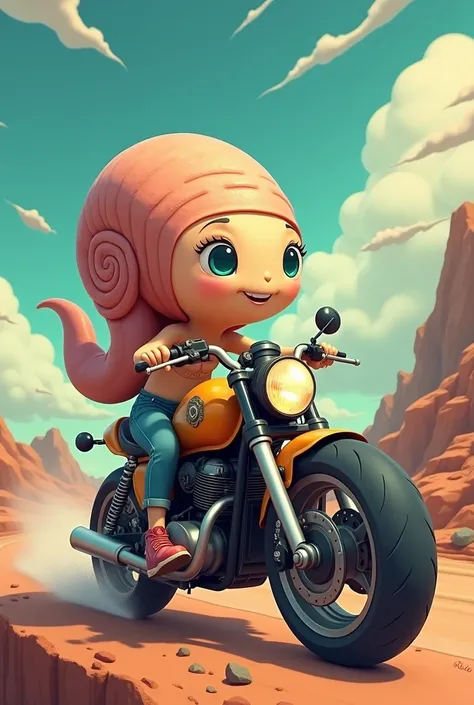 Lula Mollusco riding a motorcycle