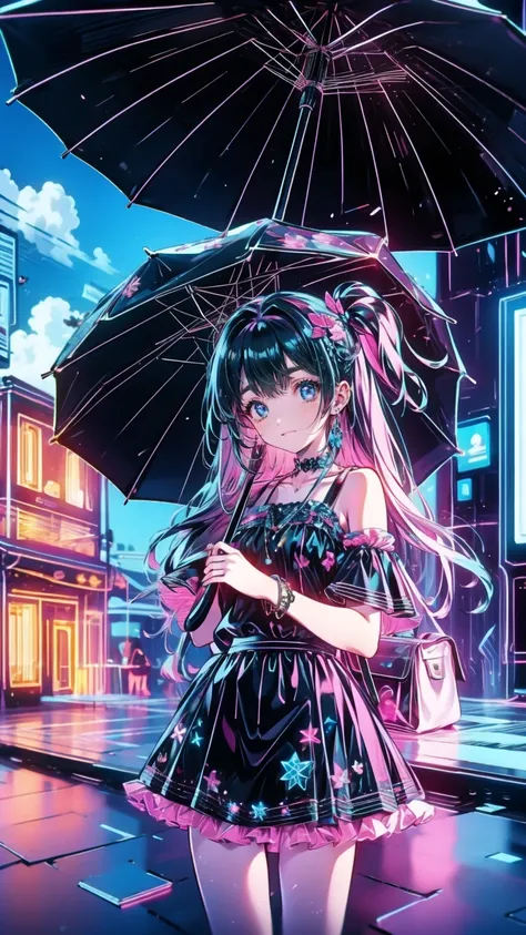 ,(  Masterpiece :1.2,  High Quality ), ( pixib:1.4),TIV ,
 1 girl, transparent, umbrella,  skirt, null, Alone, holding,  black hair, Outdoor, bag, cloud,  look at the viewers,  shirt,  short hair, holding umbrella, white  skirt, bangs, transparent umbrella...