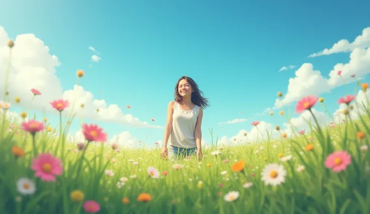  Person smiling in an open field, with blue skies and flowers around .