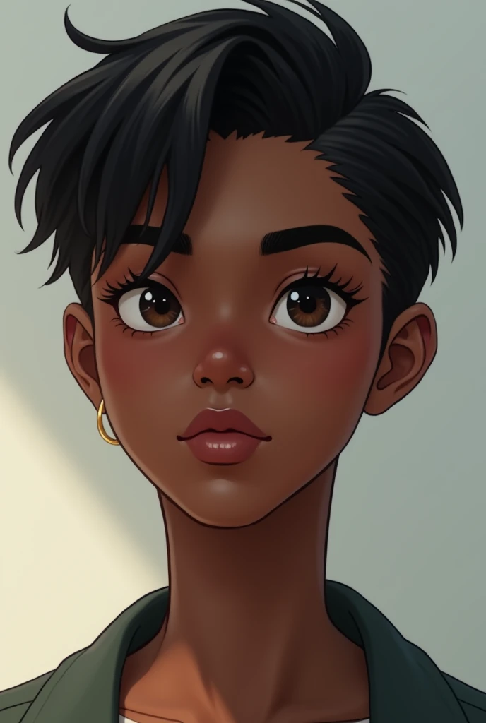 Create a teenager with short black hair,  dark brown eyes, black skin