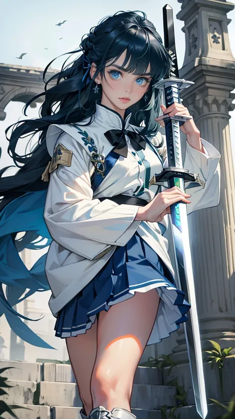 masterpiece, ultra detailed, 8k portrait, RAW photo, portrait photography, highly detailed face, beautiful and meticulous eyes, dark blue hair, long hair, blue eyes, white hair ribbon, green military uniform, green pleats mini skirt, white chest armor, whi...