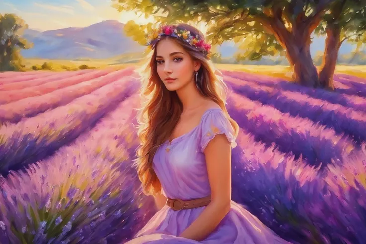  Beautiful girl in a lavender field full of flowers,  Oil painting style ,  vivid colors , HDR,  belt, realistic,  sunlight filtered through the trees,  soft and warm lighting , flowing dress, long flowing hair, delicate features, captivating gaze, happy e...