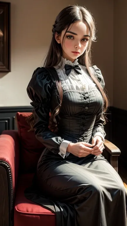 The Maid Seems Strict　Victorian maid outfit　A slender and beautiful posture　silver frame　４０Late 20s　Sit down in the common room and face each other　Slender beauty