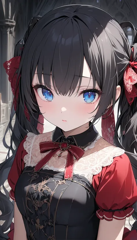  fantasy standing in a church、 slave、Girl wearing a collar  、( slim、1 person,  cute young woman, , medium bust ,  black hair、 twin tail hair 、Azure Eyes、red large lace ribbon in the hair),delicate beautiful eyes , eyes are drawn in detail , high definition...