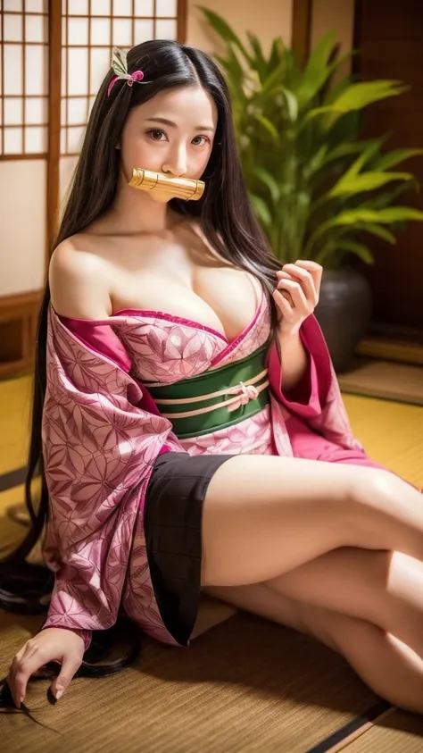 Full body, realistic Photography, busty, beautiful Japanese sexy girl, big breast , Cosplay Nezuko from Demon Slayer Kimetsu no Yaiba dressed in a open traditional Japanese-inspired outfit with a pink and black patterned kimono and long flowing hair, trans...