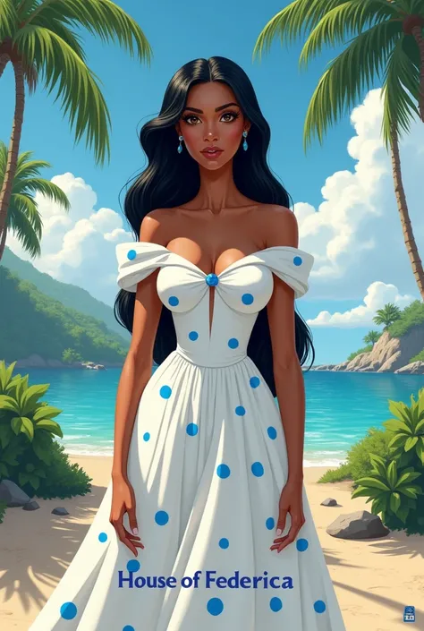 Bella Donna adulta in stile principessa Disney.  olive skin . Capelli neri lunghi fino alle spalle e occhi castani. She must have a smart look .  She wears a white dress with blue polka dots with written on it "House of Federica"
 As a background a beautif...