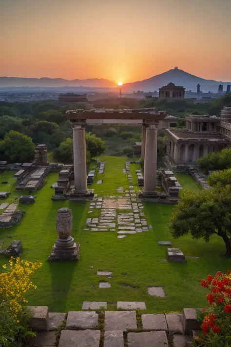 A ruined ancient city, its grandeur faded but not forgotten. Towering stone columns stand fractured and weathered, bearing intricate carvings that hint at a once-thriving civilization. The ground is littered with broken statues, scattered relics, and moss-...