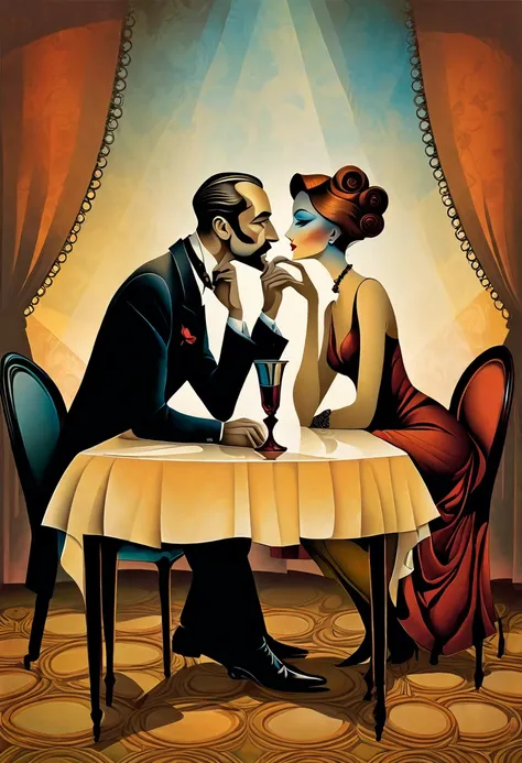 A man and a woman sitting facing each other at a table, intimacy, Intimate closeness, Chic colors. vector Stamp Art. Inspired by Jan Zrzavý art, by Robert Peak, by Leonard Long, by Paul Mavrides. esao andrews art